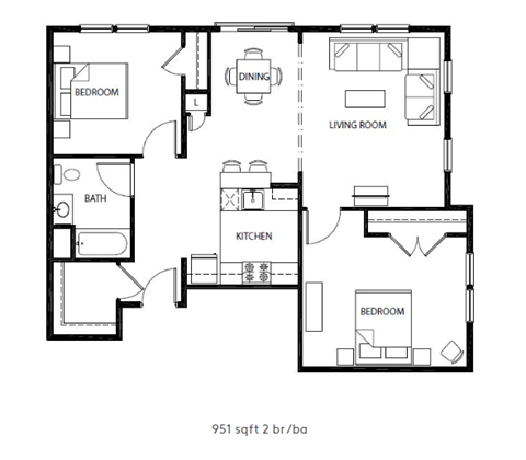 Floor plan for 2 beds, 1 bath, 1105 sqft